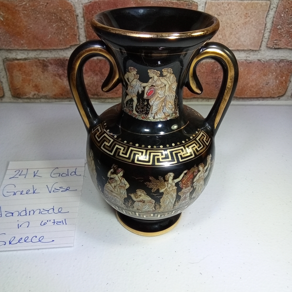 24K Gold Handmade Greek Vase ⚱️Black Gold Art Scene Hand Painted in Greece